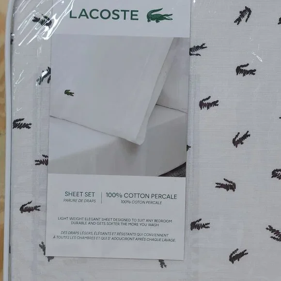 Lacoste Cotton Percale Full Sheet Set Croc Pattern Soft Breathable Material - Picture 4 of 12